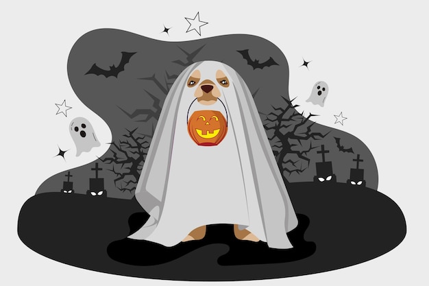 Un cachorro con un paño blanco cubriendo su cabeza y cuerpo y una calabaza de halloween colgando de su boca celebra la noche de halloween en un cementerio