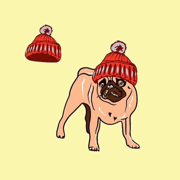 Cachorro Pug en un sombrero de punto rojo con un pompón ilustración vectorial