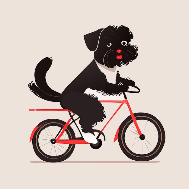 Cachorro Schnoodle negro en una bicicleta ilustración vectorial plana