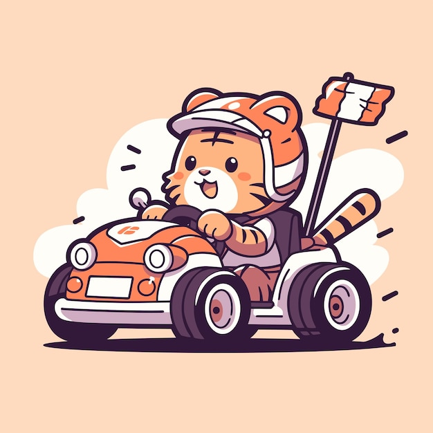 Un cachorro de tigre en una carrera de go kart con una bandera