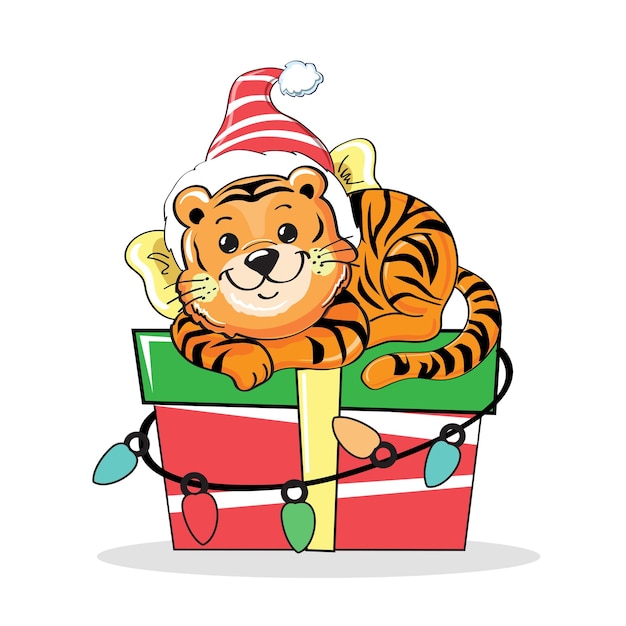 Cachorro de tigre de dibujos animados de año nuevo se encuentra en una caja con un regalo. Ilustración de vector aislado. Postal para las vacaciones. Símbolo del año 2022