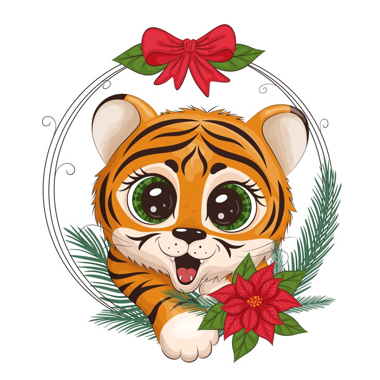 Cachorro de tigre de dibujos animados lindo, con un marco redondo de Navidad, sobre un fondo blanco. Imprimir para ropa, platos, textiles. Tarjeta de año nuevo 2022. Ilustración vectorial EPS10.