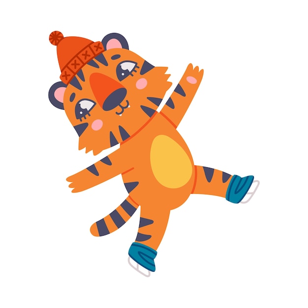 Cachorro de tigre gracioso con pelaje naranja y rayas usando sombrero ilustración vectorial de patinaje sobre hielo