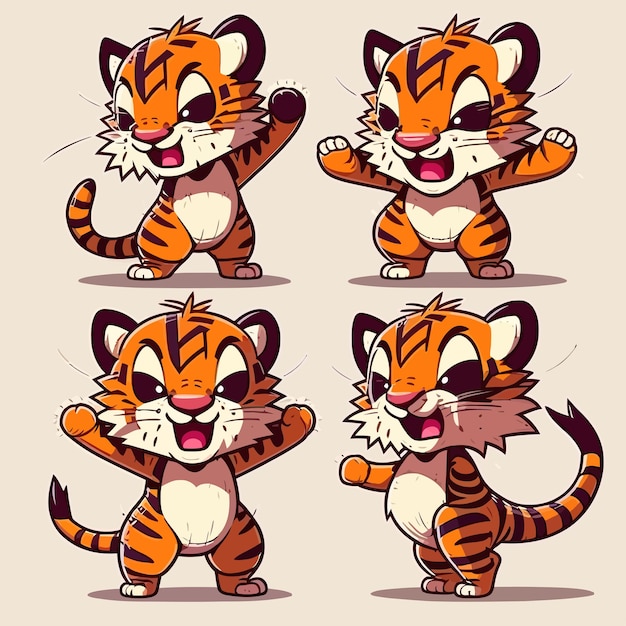 Cachorro de tigre lindo personaje de dibujos animados caza furtivo y rugido aislado en el fondo ilustración vectorial