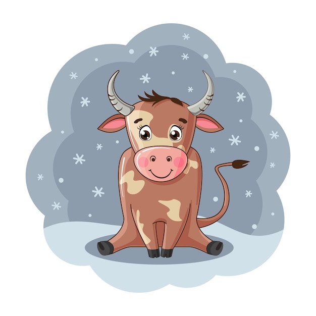 Cachorro de toro joven y copos de nieve de Año Nuevo Animales lindos Banner de Navidad Tarjeta de felicitación con carácter