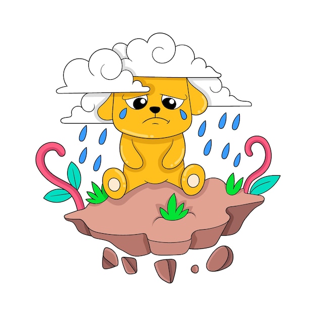 Cachorro triste llorando bajo una fuerte lluvia doodle icono imagen kawaii