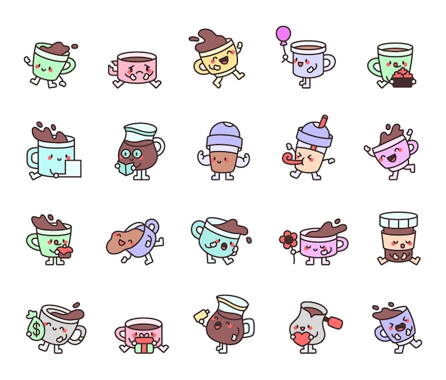 Cachorros de café kawaii con personajes de dibujos animados