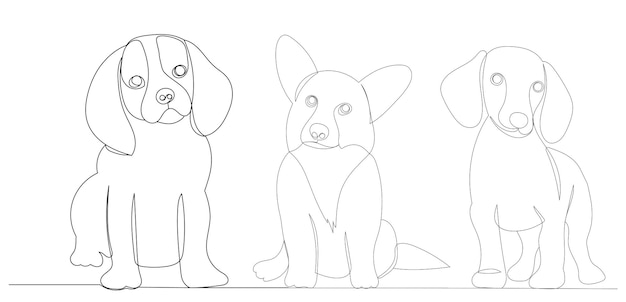 Cachorros dibujando por un vector de línea continua