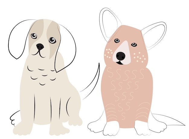 Cachorros de dibujos animados doodle boceto contorno vector aislado