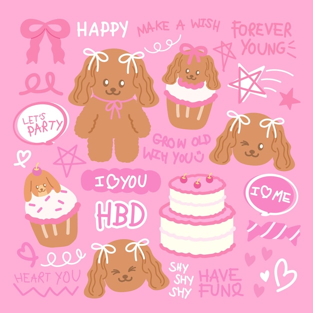 Cachorros lindos con pastel y cupcakes para tarjetas de cumpleaños iconos de fiestas perros juguetes de dibujos animados con pegatinas de animales