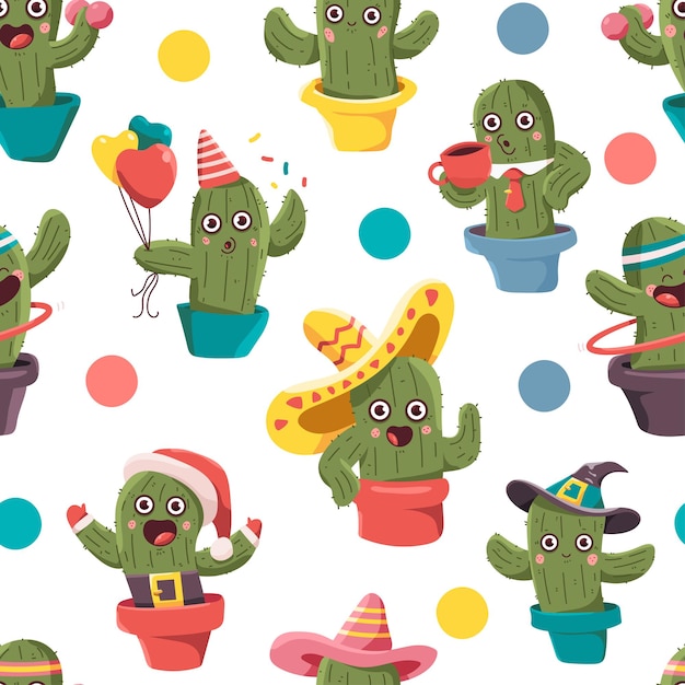 Cacto lindo en una olla personajes de dibujos animados vectoriales fondo de patrón sin costuras