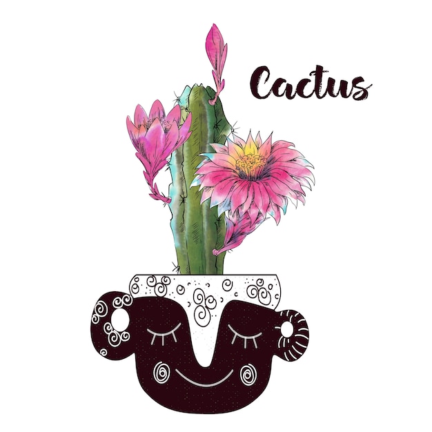 Vector cactus de acuarela aislado sobre fondo blanco