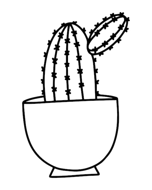 Cactus con agujas en una maceta para dibujos animados lineales de garabatos interiores