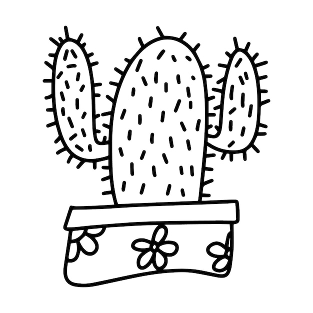 Cactus con agujas con una maceta de flores de margaritas planta de interior para dibujos animados de línea de doodle interior