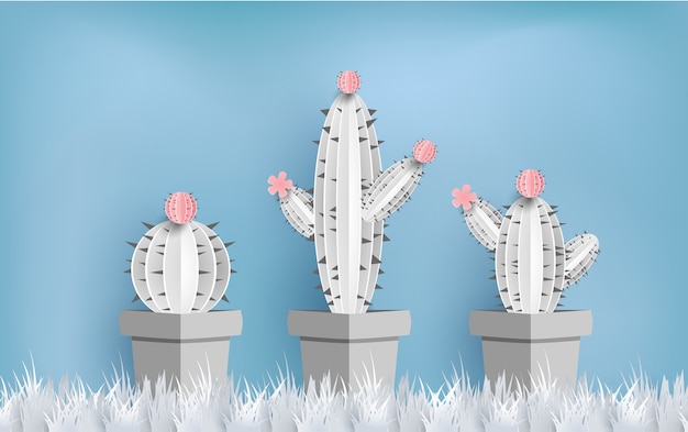 Vector cactus con arte en papel. fondo con vista al cielo azul.