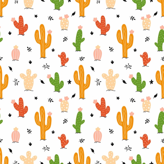 Cactus brillante sobre fondo blanco. Patrón sin costuras para coser ropa infantil e imprimir en tela. Ilustración de vector de estilo doodle.