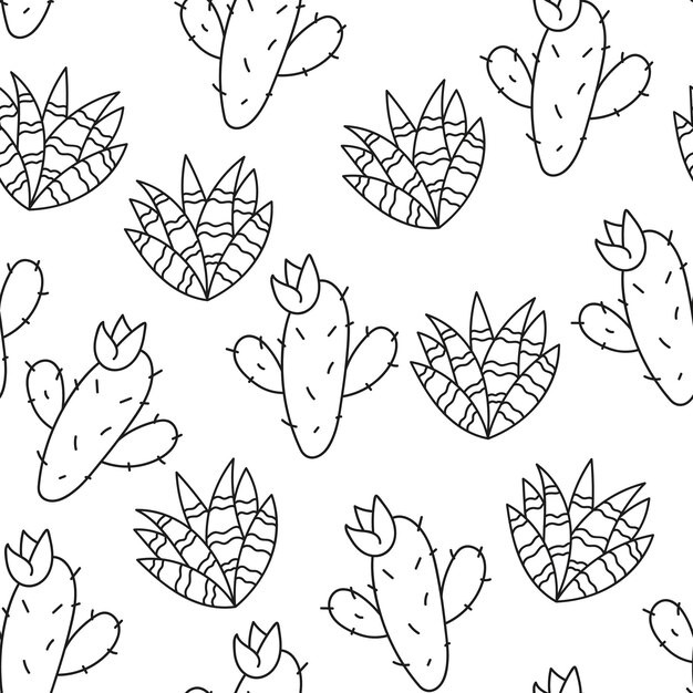 Cactus cactus suculentas cubierta de impresión transparente patrón de fondo doodle línea estilo dibujado a mano