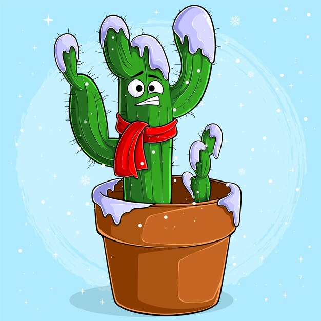 Cactus congelado Ilustración vectorial dibujada a mano de un cactus cubierto de nieve y con una bufanda roja