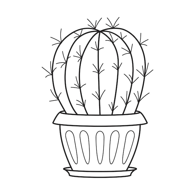 Cactus de contorno vectorial en maceta Planta suculenta de interior con espinas Cactus para el hogar y el interior Dibujo botánico lineal en blanco y negro aislado sobre fondo blanco