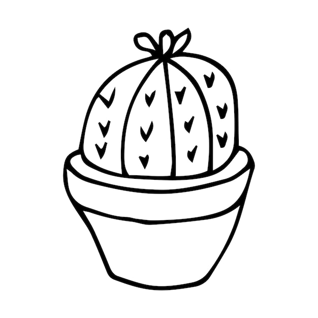 Cactus de contorno vectorial en maceta. Planta suculenta de interior con espinas y flores.