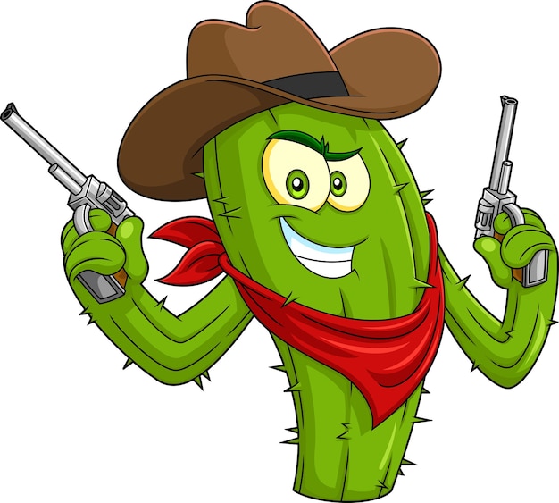 Cactus Cowboy Personaje de dibujos animados con dos armas Vector Ilustración dibujada a mano