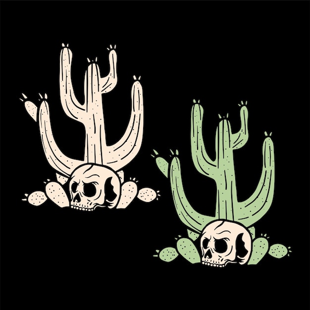 Cactus cráneo esqueleto dibujo a mano ilustración vintage