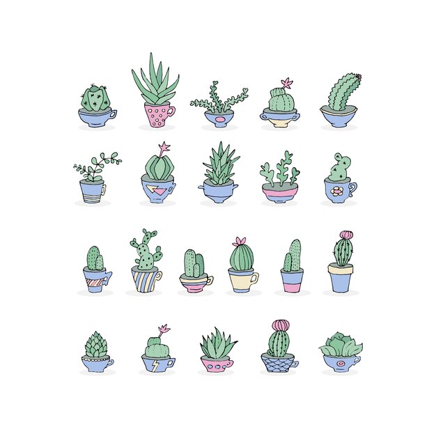 Cactus dibujado a mano en estilo mexicano Doodle Succulent en la colección de ollas para pegatinas