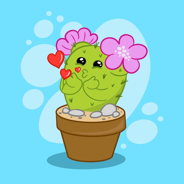 Vector cactus de dibujos animados en una maceta de flores rosadas envía un beso al aire sobre un fondo azul ilustración de vector plano