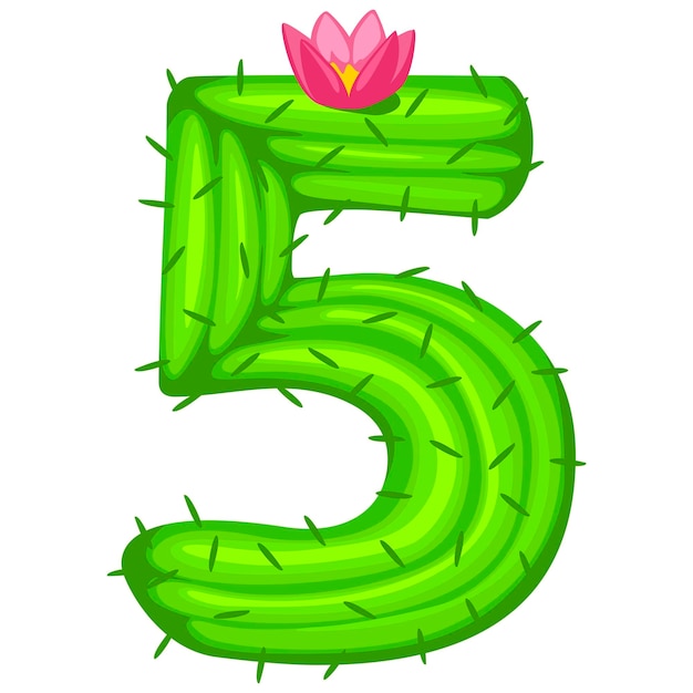 Cactus de dibujos animados número 5 con fuente de flores números para niños Figura cinco