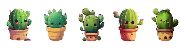 Cactus de dibujos animados en una olla lindos cactus aislados sobre fondo blanco Colección de plantas de dibujos animados