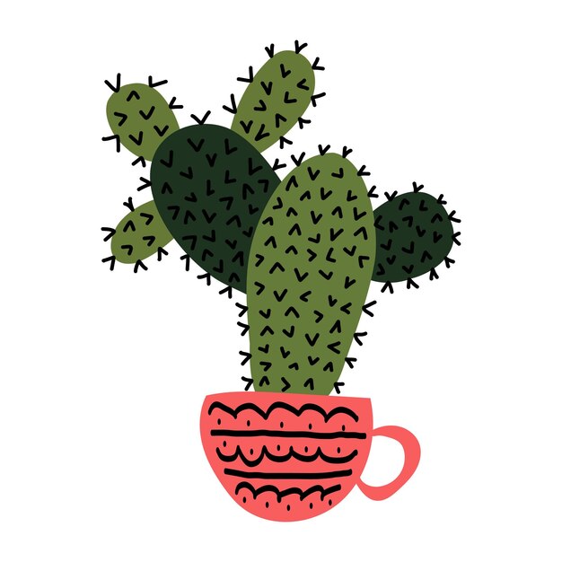 Cactus de dibujos animados verde suculento en taza rosa con ilustración vectorial de plantas de interior con ornamento