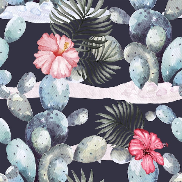 Vector cactus e hibisco de patrones sin fisuras pintados con acuarelas para el diseño de papel tapiz y tela