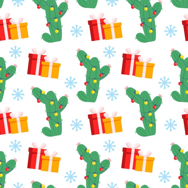 Cactus festivo con guirnaldas y cajas de regalo Patrón sin costuras de Navidad tropical Se puede utilizar para la textura de la superficie de relleno de fondo de la página web