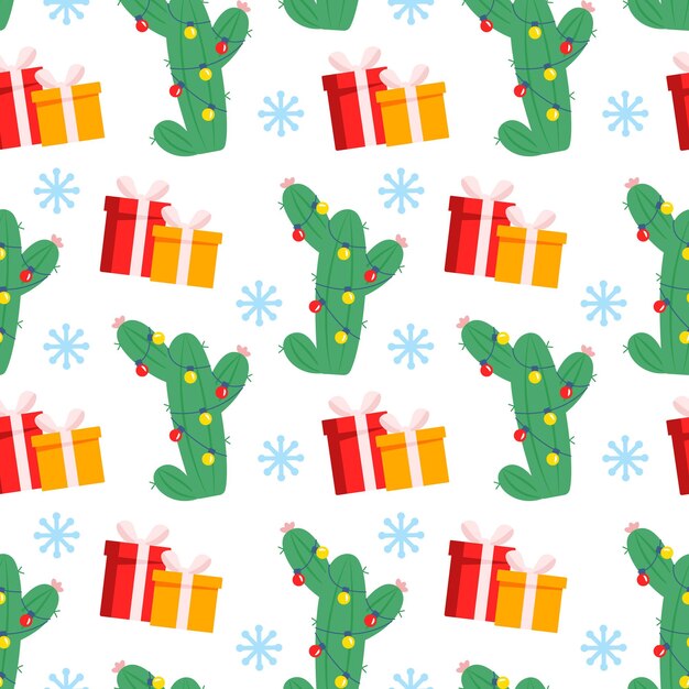 Vector cactus festivo con guirnaldas y cajas de regalo patrón sin costuras de navidad tropical se puede utilizar para la textura de la superficie de relleno de fondo de la página web