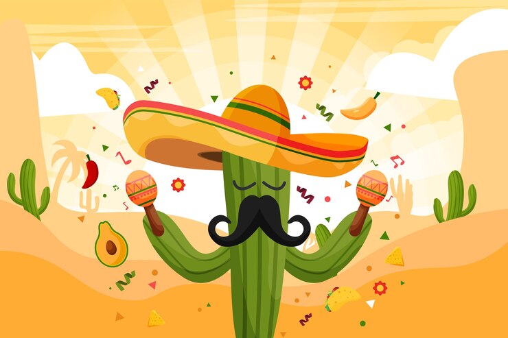 Vector cactus de fondo plano cinco de mayo con elemento de partículas