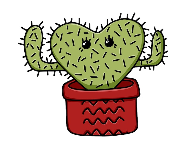 Cactus en forma de corazón con agujas en una maceta planta interior para la línea de dibujos animados de garabatos interiores