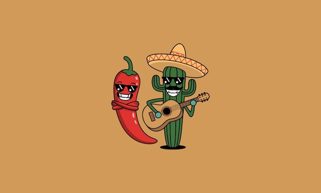 Un cactus genial tocando la guitarra con un amigo de pimienta