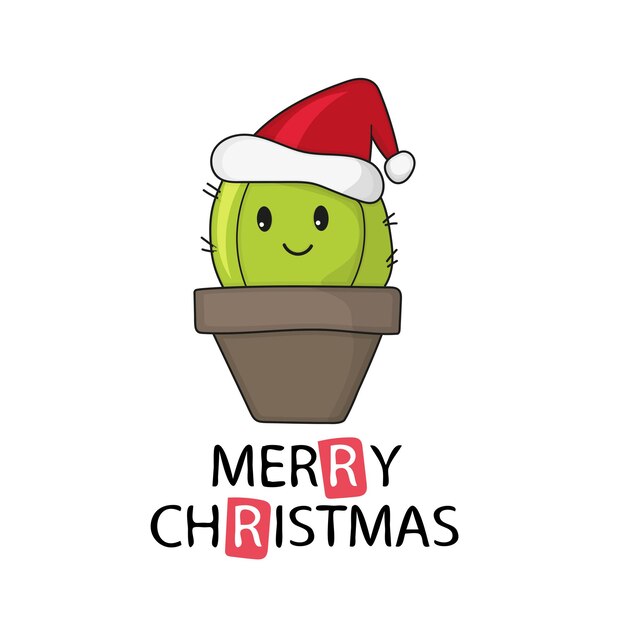 Cactus gordo lindo y divertido con gorro de Papá Noel para Navidad y sonriendo - vector. Con una inscripción Feliz Navidad