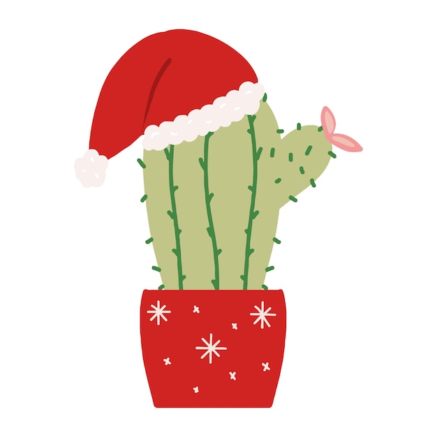 Vector cactus handdrawn en sombrero de año nuevo cactus de año nuevo en maceta