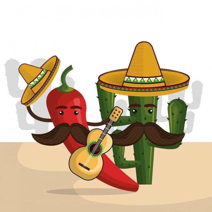 Vector cactus con iconos de la cultura mexicana