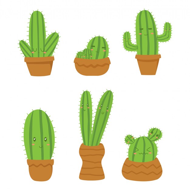 cactus lindo en vector de dibujos animados maceta, con caras divertidas.