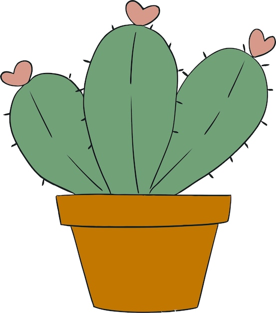 Cactus en maceta dibujado a mano con espinas en forma de corazón en estilo minimalista