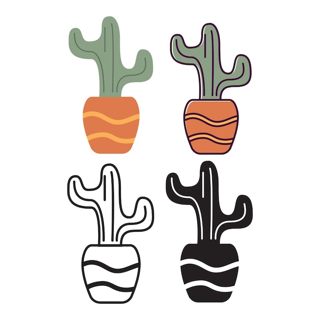 Cactus en maceta dibujado a mano planta de casa suculentas de silueta negra de la planta