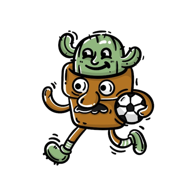 cactus en maceta de dibujos animados de ilustración que lleva una pelota