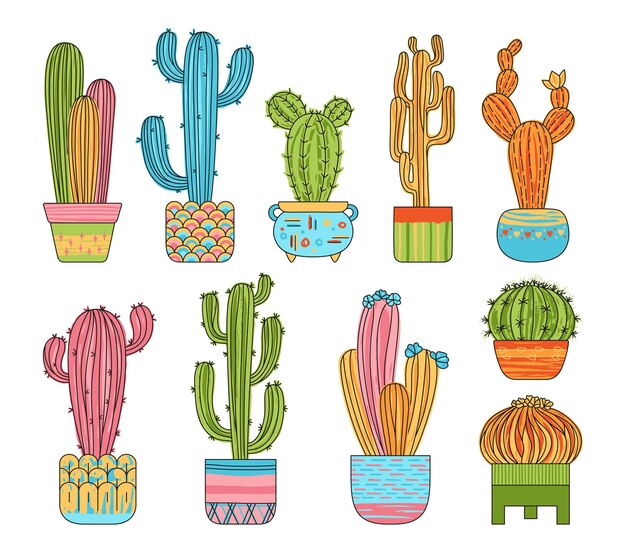 Cactus en maceta de flores grungy set de dibujos animados exóticos de moda con textura suculentas plantas caseras vector de pintura