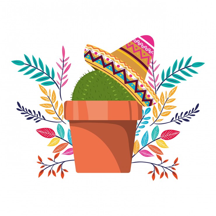 Vector cactus con maceta y ícono de sombrero mexicano.