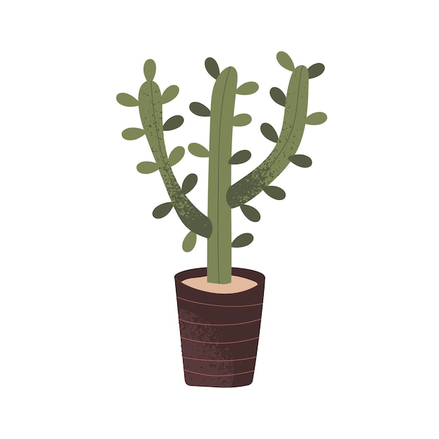Cactus en maceta. Planta de casa espinosa verde que crece en sembradora. Planta de interior tropical. Decoración de interiores de hogar y oficina. Decoración interior natural. Ilustración de vector plano aislado sobre fondo blanco
