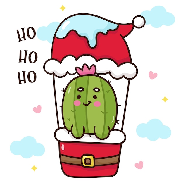Cactus de Navidad en el globo del sombrero de Santa Kawaii personaje de dibujos animados de Feliz Año Nuevo