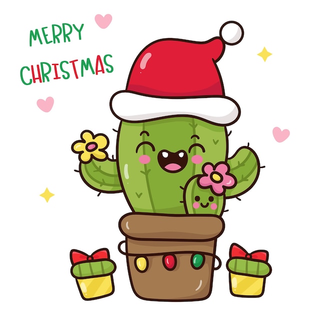 Cactus de navidad kawaii personaje de dibujos animados de feliz año nuevo