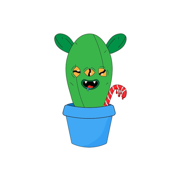Cactus de Navidad psicodélico en maceta maravilloso cactus con dulces ilustración vectorial